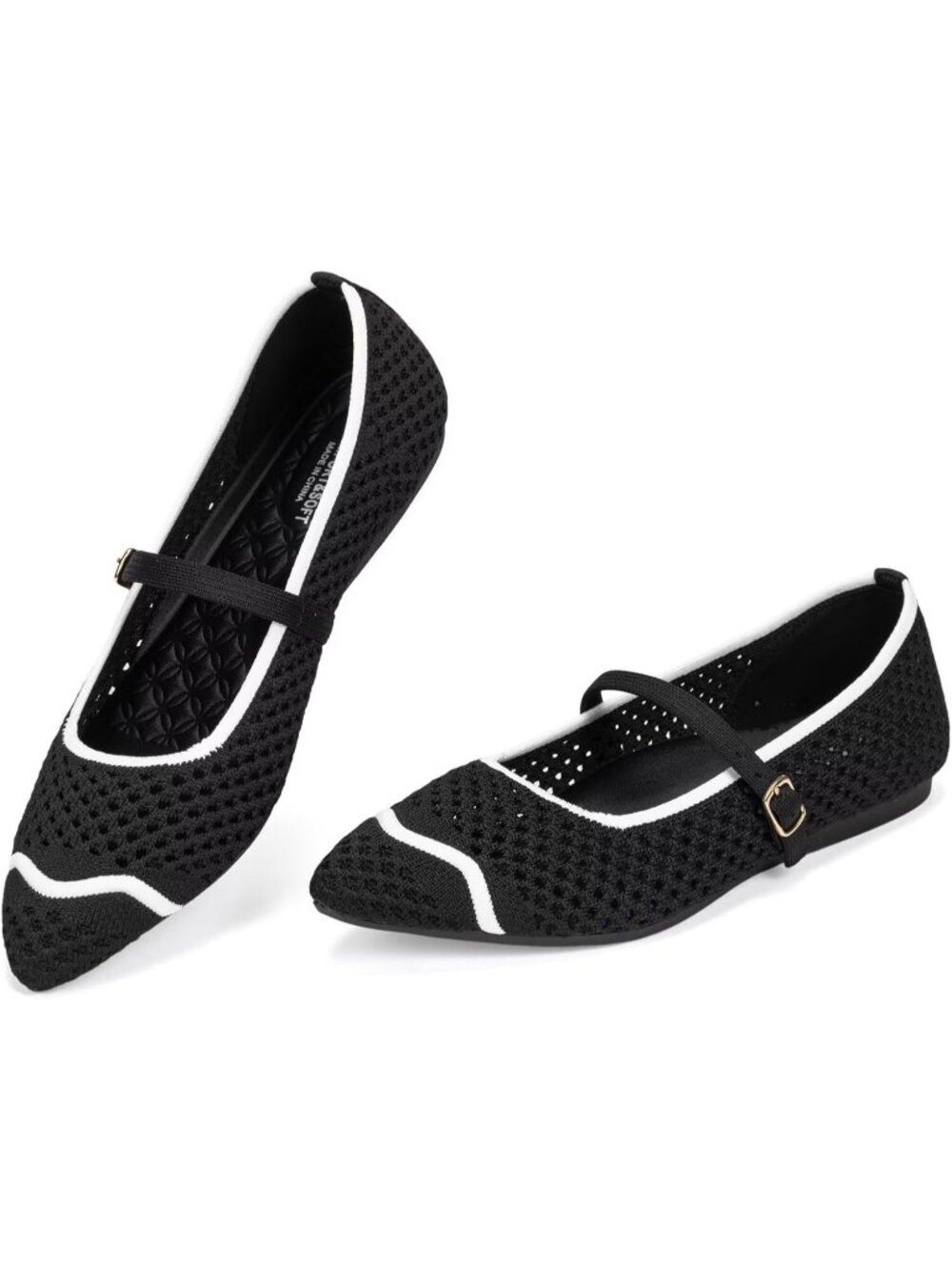 Women's Black Mesh Rubber Pointed Toe Buckle Ballet Flat Washable Flexible Shoes